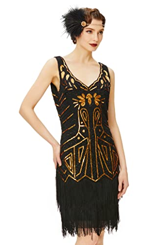 BABEYOND Damen Retro 1920er Stil Flapper Kleider mit Zwei Schichten Troddel V Ausschnitt Great Gatsby Motto Party Kostüm Kleider- Gr. M (Fits 78-88 cm Waist & 96-106 cm Hips), Gold Schwarz von BABEYOND