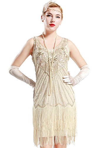 BABEYOND Damen Retro 1920er Stil Flapper Kleider mit Zwei Schichten Troddel V Ausschnitt Great Gatsby Motto Party Kostüm Kleider- Gr. XL (Fits 86-96 cm Waist & 104-114 cm Hips), Lavendel Beige von BABEYOND