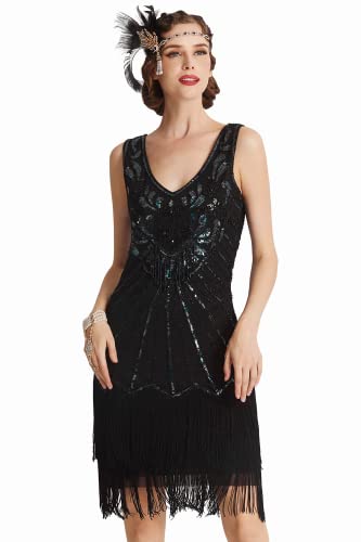 BABEYOND Damen Kleid Retro 1921er Stil Flapper Kleider mit Zwei Schichten Troddel V Ausschnitt Great Gatsby Motto Party Kleider Damen Kostüm Kleid Schwarz XS von BABEYOND