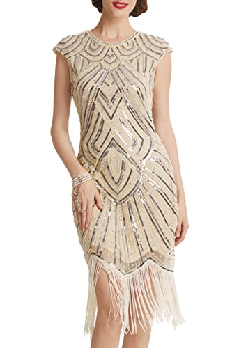 BABEYOND Damen Kleid voller Pailletten 20er Stil Runder Ausschnitt Inspiriert von Great Gatsby Kostüm Kleid (Beige Strass, XS (Fits 70-74 cm Waist)) von BABEYOND