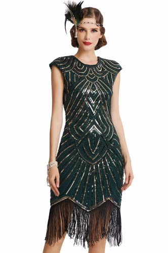 BABEYOND Damen Kleid voller Pailletten 20er Stil Runder Ausschnitt Inspiriert von Great Gatsby Kostüm Kleid (Dunkelgrün Gold, XXXL (Fits 96-100 cm Waist)) von BABEYOND