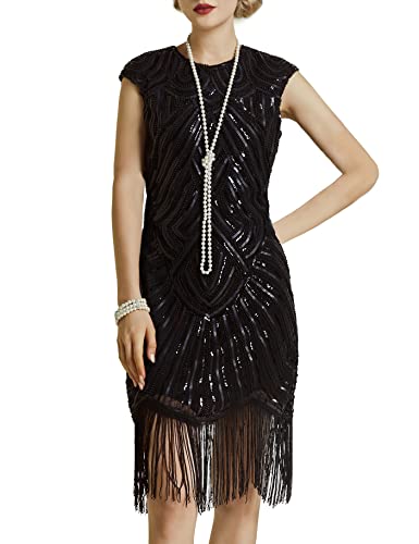 BABEYOND Damen Kleid voller Pailletten 20er Stil Runder Ausschnitt Inspiriert von Great Gatsby Kostüm Kleid (L (Fits 76-86 cm Waist & 94-104 cm Hips), Schwarz) von BABEYOND