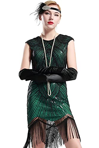 BABEYOND Damen Kleid voller Pailletten 20er Stil Runder Ausschnitt Inspiriert von Great Gatsby Kostüm Kleid (Grün, XS (Fits 70-74 cm Waist)) von BABEYOND