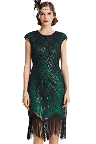 BABEYOND Damen Kleid voller Pailletten 20er Stil Runder Ausschnitt Inspiriert von Great Gatsby Kostüm Kleid (Grün, XXXL (Fits 96-100 cm Waist)) von BABEYOND