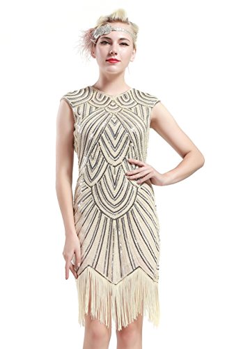 BABEYOND Damen Kleid voller Pailletten 20er Stil Runder Ausschnitt Inspiriert von Great Gatsby Kostüm Kleid (S (Fits 68-78 cm Waist & 86-96 cm HIPS), Beige) von BABEYOND