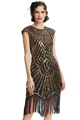 BABEYOND Damen Kleid voller Pailletten 20er Stil Runder Ausschnitt Inspiriert von Great Gatsby Kostüm Kleid (XL, Black / Gold-Coloured) von BABEYOND
