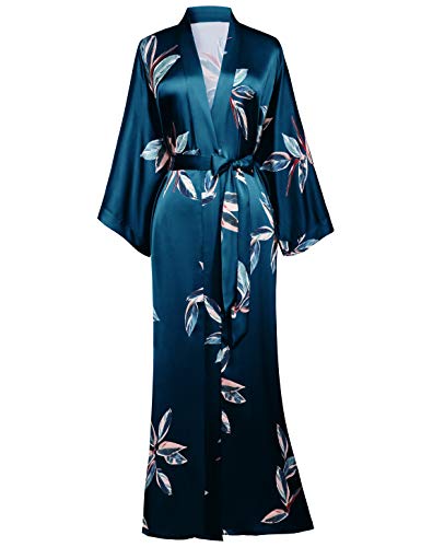 BABEYOND Damen Morgenmantel Blätter Muster Maxi Lang Robe Kimono Sommer Satin Bademantel Damen Strandkleid Leicht Schlafmantel (Dunkelgrün, Einheitsgröße) von Prodesign