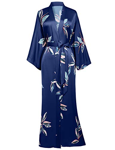 BABEYOND Damen Morgenmantel Blätter Muster Maxi Lang Robe Kimono Sommer Satin Bademantel Damen Strandkleid Leicht Schlafmantel (Navyblau, Einheitsgröße) von BABEYOND