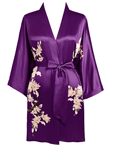 BABEYOND Damen Morgenmantel Blumen Gedruckt Sommer Bademantel Kimono Kurz Robe Leicht Schlafmantel Damen Satin Strandkleid (Violett) von BABEYOND