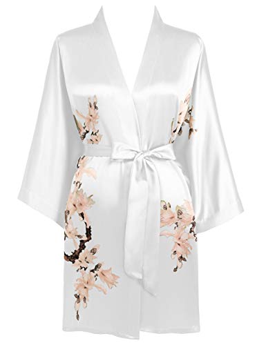 BABEYOND Damen Morgenmantel Blumen Gedruckt Sommer Bademantel Kimono Kurz Robe Leicht Schlafmantel Damen Satin Strandkleid (Weiß) von BABEYOND