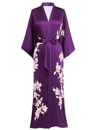 BABEYOND Damen Morgenmantel Kimono Blumen Zweig Gedruckt Maxi Lang Damen Bademantel Birnenblumen Strandjacke Braut Junggesellinnenabschied Party Schlafmantel von BABEYOND