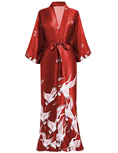 PRODESIGN Damen Morgenmantel Kimono Kranich Gedruckt Maxi Lang Damen Bademantel Strandjacke Braut Junggesellinnenabschied Party Schlafmantel (Dunkelrot) von BABEYOND