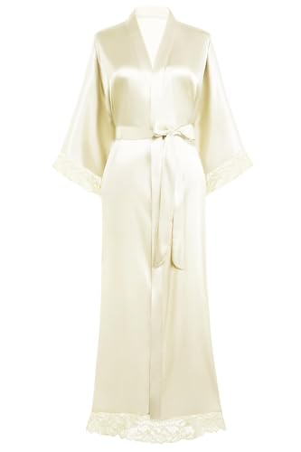 BABEYOND Damen Morgenmantel Lang Einfarbiger Bademantel Spitzen Ärmel Seide Satin Kimono Kleid Damen Sommer Robe Reine Farbe Schlafmantel (Beige) von BABEYOND