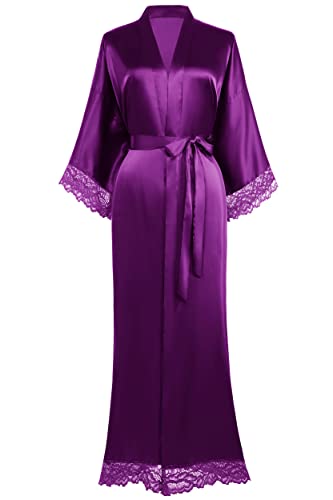 BABEYOND Damen Morgenmantel Lang Einfarbiger Bademantel Spitzen Ärmel Seide Satin Kimono Kleid Damen Sommer Robe Reine Farbe Schlafmantel (Dunkellila) von BABEYOND