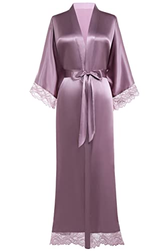BABEYOND Damen Morgenmantel Lang Einfarbiger Bademantel Spitzen Ärmel Seide Satin Kimono Kleid Damen Sommer Robe Reine Farbe Schlafmantel (Helllila) von BABEYOND