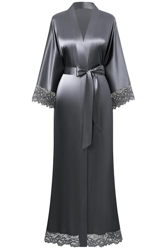 BABEYOND Damen Morgenmantel Lang Einfarbiger Bademantel Spitzen Ärmel Seide Satin Kimono Kleid Damen Sommer Robe Reine Farbe Schlafmantel (Silbergrau) von BABEYOND
