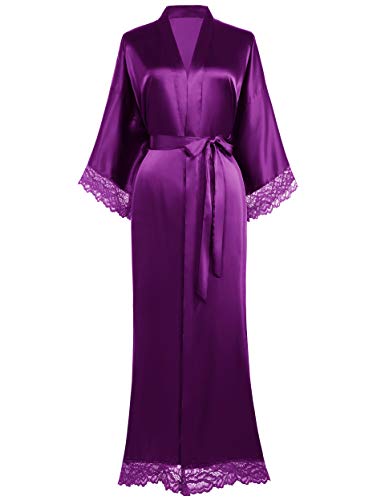 BABEYOND Damen Morgenmantel Lang Kurz Einfarbiger Bademantel Spitzen Ärmel Brautjungfer Kimono Satin Nachtwäsche Damen Sommer Robe Strickjacke Reine Farbe Schlafmantel (Dunkelviolett) von BABEYOND