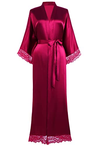 BABEYOND Damen Morgenmantel Lang Kurz Einfarbiger Bademantel Spitzen Ärmel Seide Satin Kimono Kleid Damen Sommer Robe Reine Farbe Schlafmantel (Lang - Weinrot) von BABEYOND