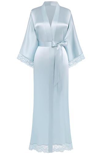 BABEYOND Damen Morgenmantel Lang Kurz Einfarbiger Bademantel Spitzen Ärmel Seide Satin Kimono Kleid Damen Sommer Robe Reine Farbe Schlafmantel von BABEYOND