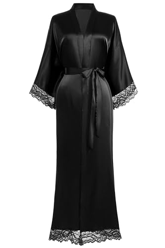 BABEYOND Damen Morgenmantel Lang Kurz Einfarbiger Bademantel Spitzen Ärmel Seide Satin Kimono Kleid Damen Sommer Robe Reine Farbe Schlafmantel von BABEYOND