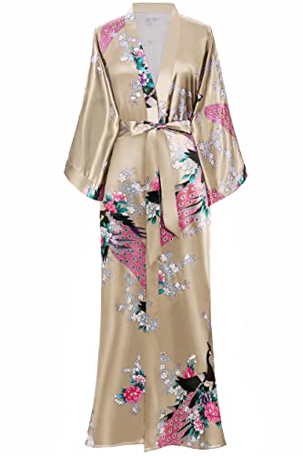 BABEYOND Damen Morgenmantel Maxi Lang Kimono Strandkleid Pfau Gedruckt Strickjacke Kimono Bademantel Damen Lange Robe Schlafmantel Girl Pajama Party (Champagner) von BABEYOND