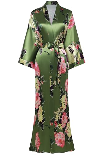BABEYOND Damen Morgenmantel Maxi Lang Seide Satin Kimono Kleid Pfau Muster Kimono Bademantel Damen Lange Robe Schlafmantel Girl Pajama Party Grün von BABEYOND