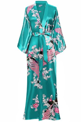 BABEYOND Damen Morgenmantel Maxi Lang Satin Sommer Kimono Blumen Muster Gedruckt Bademantel Kimono Strickjacke Damen Lange Robe Blumen Schlafmantel Girl Pajama Party Dunkelgrün von BABEYOND
