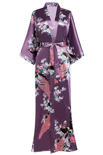 BABEYOND Damen Morgenmantel Maxi Lang Satin Sommer Kimono Blumen Muster Gedruckt Bademantel Kimono Strickjacke Damen Lange Robe Blumen Schlafmantel Girl Pajama Party Helllila von BABEYOND