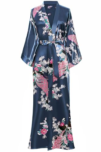 BABEYOND Damen Morgenmantel Maxi Lang Satin Sommer Kimono Blumen Muster Gedruckt Bademantel Kimono Strickjacke Damen Lange Robe Blumen Schlafmantel Girl Pajama Party Preußischblau von BABEYOND