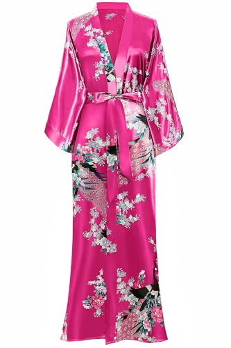 BABEYOND Damen Morgenmantel Maxi Lang Satin Sommer Kimono Blumen Muster Gedruckt Bademantel Kimono Strickjacke Damen Lange Robe Blumen Schlafmantel Girl Pajama Party Rosenrot von BABEYOND