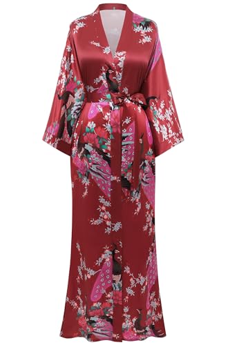 BABEYOND Damen Morgenmantel Maxi Lang Satin Sommer Kimono Blumen Muster Gedruckt Bademantel Kimono Strickjacke Damen Lange Robe Blumen Schlafmantel Girl Pajama Party Rotweinrot von BABEYOND