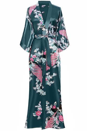 BABEYOND Damen Morgenmantel Maxi Lang Satin Sommer Kimono Blumen Muster Gedruckt Bademantel Kimono Strickjacke Damen Lange Robe Blumen Schlafmantel Girl Pajama Party Schwarzblau von BABEYOND