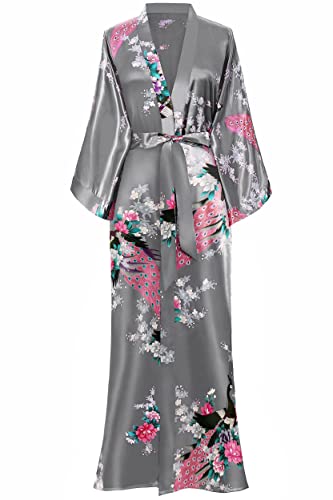 BABEYOND Damen Morgenmantel Maxi Lang Satin Sommer Kimono Blumen Muster Gedruckt Bademantel Kimono Strickjacke Damen Lange Robe Blumen Schlafmantel Girl Pajama Party Silbergrau von BABEYOND