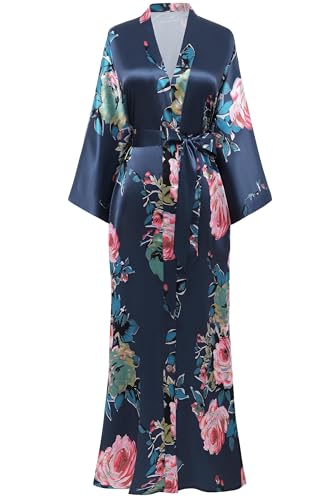 BABEYOND Damen Morgenmantel Maxi Lang Satin Sommer Kimono Blumen Muster Gedruckt Bademantel Kimono Strickjacke Damen Lange Robe Blumen Schlafmantel Girl Pajama Party von BABEYOND