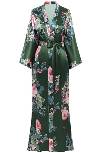 BABEYOND Damen Morgenmantel Maxi Lang Satin Sommer Kimono Blumen Muster Gedruckt Bademantel Kimono Strickjacke Damen Lange Robe Blumen Schlafmantel Girl Pajama Party von BABEYOND