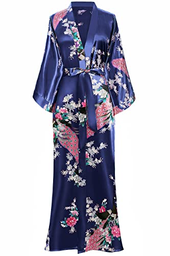 BABEYOND Damen Morgenmantel Maxi Lang Seide Satin Kimono Kleid Pfau Muster Kimono Bademantel Damen Lange Robe Schlafmantel Girl Pajama Party (Dunkelblau) von BABEYOND