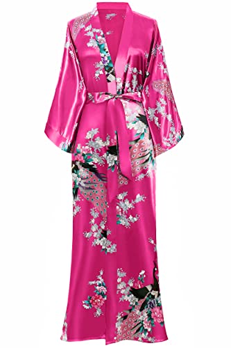 BABEYOND Damen Morgenmantel Maxi Lang Seide Satin Kimono Kleid Pfau Muster Kimono Bademantel Damen Lange Robe Schlafmantel Girl Pajama Party (Rose Rot) von BABEYOND