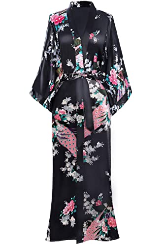 BABEYOND Damen Morgenmantel Maxi Lang Seide Satin Kimono Kleid Pfau Muster Kimono Bademantel Damen Lange Robe Schlafmantel Girl Pajama Party 135cm Lang (schwarz) von BABEYOND