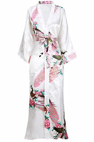 BABEYOND Damen Morgenmantel Maxi Lang Seide Satin Kimono Kleid Pfau Muster Kimono Bademantel Damen Lange Robe Schlafmantel Girl Pajama Party (Weiß) von BABEYOND