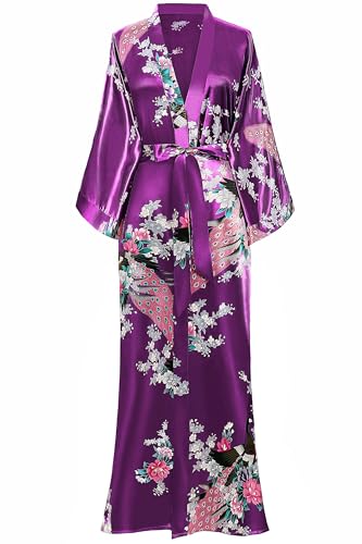 BABEYOND Damen Morgenmantel Maxi Lang Seide Satin Kimono Kleid Pfau Muster Kimono Bademantel Damen Lange Robe Schlafmantel Girl Pajama Party 135cm Lang (Dunkel Lila) von BABEYOND