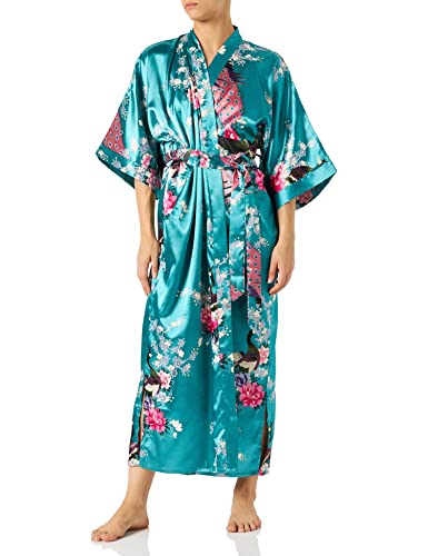 BABEYOND Damen Morgenmantel Maxi Lang Seide Satin Kimono Kleid Pfau Muster Kimono Bademantel Damen Lange Robe Schlafmantel Girl Pajama Party 135cm Lang (Dunkelgrün) von BABEYOND