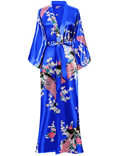 BABEYOND Damen Morgenmantel Maxi Lang Seide Satin Kimono Kleid Pfau Muster Kimono Bademantel Damen Lange Robe Schlafmantel Girl Pajama Party 135cm Lang (Königsblau) von BABEYOND