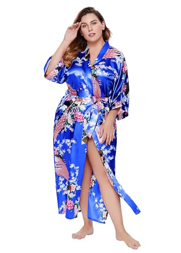 BABEYOND Damen Morgenmantel Maxi Lang Seide Satin Kimono Kleid Pfau Muster Kimono Bademantel Damen Lange Robe Schlafmantel Girl Pajama Party 135cm Lang (Königsblau) von BABEYOND