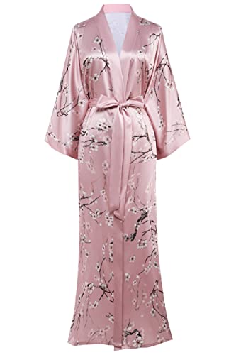 BABEYOND Damen Morgenmantel Maxi Lang Seide Satin Kimono Kleid Pfau Muster Kimono Bademantel Damen Lange Robe Schlafmantel Girl Pajama Party 135cm Lang (Rosa) von BABEYOND