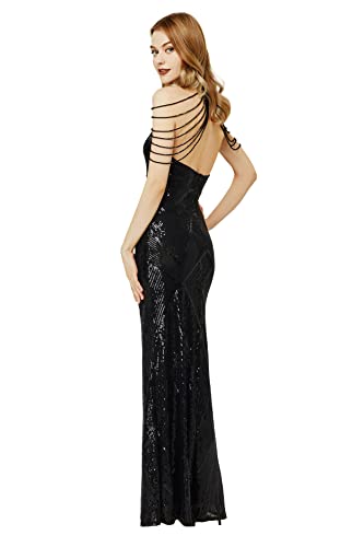 BABEYOND Damen Pailletten Abschlussball Kleid - One Shoulder Maxikleid Kleider und Abendkleider für Party Hochzeit Gast, Stil 2 - Schwarz, X-Groß von BABEYOND