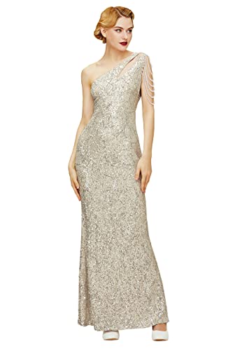 BABEYOND Damen Pailletten Abschlussball Kleid - One Shoulder Maxikleid Kleider und Abendkleider für Party Hochzeit Gast, silber, Klein von BABEYOND