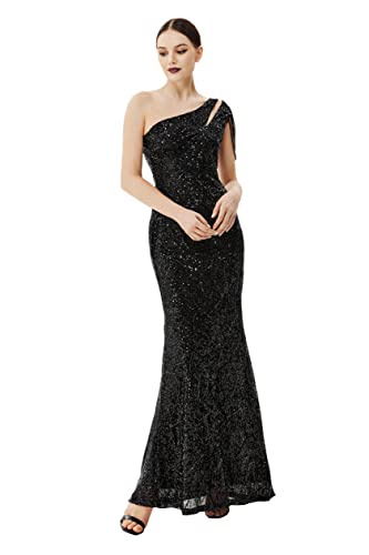 BABEYOND Damen Pailletten Ballkleid - One Shoulder Maxikleid Kleider und Abendkleider für Party Hochzeit Gäste Silber, Schwarz, Groß von BABEYOND