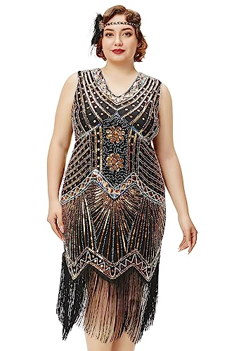 BABEYOND Damen Plus Size Flapper Kleider 1920er Jahre V Ausschnitt Perlen Fransen Great Gatsby Kleid, Gold, 5X-Groß von BABEYOND