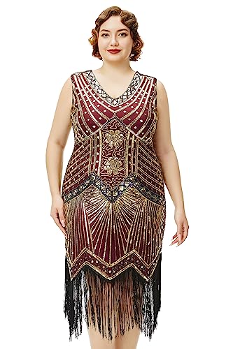 BABEYOND Damen Plus Size Flapper Kleider 1920er Jahre V Ausschnitt Perlen Fransen Great Gatsby Kleid, Gold Weinrot, 4X-Groß von BABEYOND