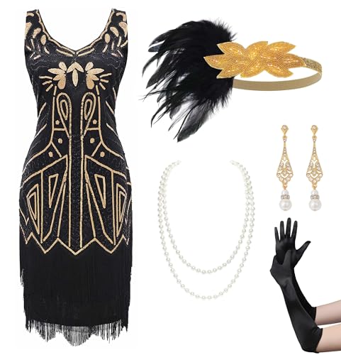 BABEYOND Damen Retro 1920er Stil Flapper Kleider Set mit Zwei Schichten Troddel V Ausschnitt Great Gatsby Motto Party Kostüm Kleider Set BABEYOND Damen Retro 1920er Stil Flapper Kleider Set mit Zwei Schichten Troddel V Ausschnitt Great Gatsby Motto Party Kostüm Kleider Set von BABEYOND